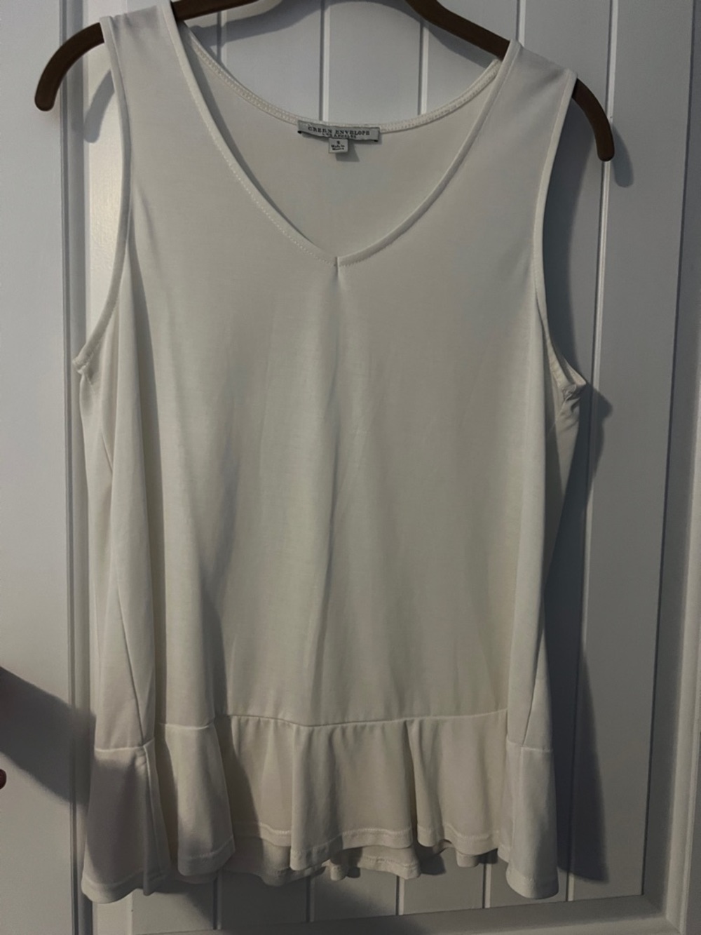 Green Envelope White V-Neck Ruffle Hem Tank Top